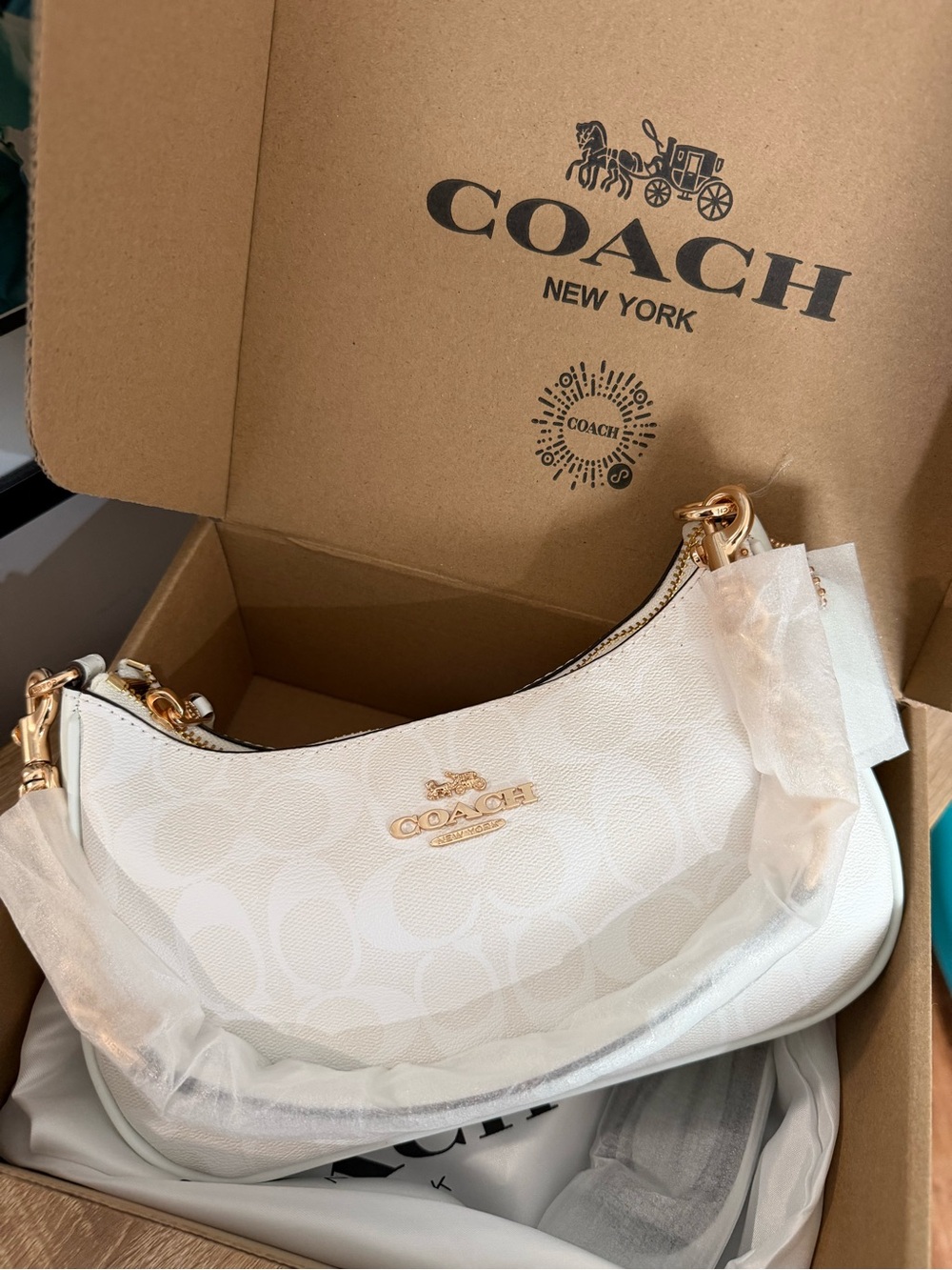Coach Cream Signature Canvas Shoulder Bag with Gold Hardware